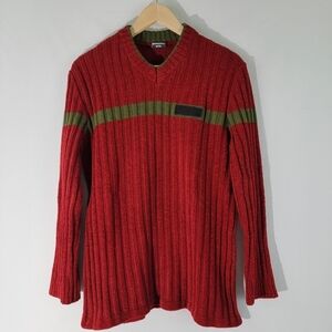 MOSCHINO Jeans Men's Red/Green Stripe Wool Blend Ribbed Knit Sweater Sz M V-neck